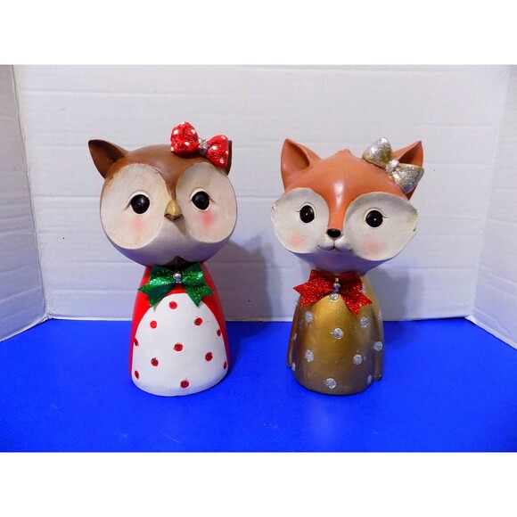NEW Christmas Holiday Little Girl Fox & Owl Figurine Winter Decor - Picture 1 of 8